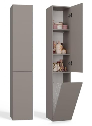 CDF Bad-Hochschrank NEL IV | Farbe: Lehm (grau) | Modernes Badregal | Stauraumschrank | Geräumige Einlegeböden | Türen | Einfache Montage | Stilvolle Griffe