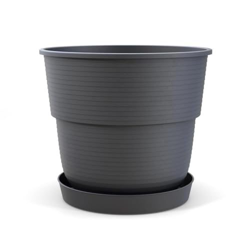 Plastard Blumentopf Milano 28 cm Durchmesser mit passenden Untersetzer Farbe Anthrazit Übertopf Blumenkübel für Garten Balkon Terrasse Pflanztopf