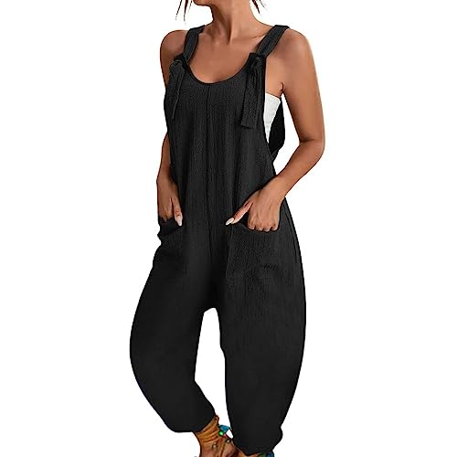 BRONG Latzhose Damen Sommer Weites Bein Jumpsuit mit Tasche Lässig Lose Overall für Frauen Strampler Ärmellos Riemchen Latzhose Verstellbar Strampelanzüge Schwarz XL