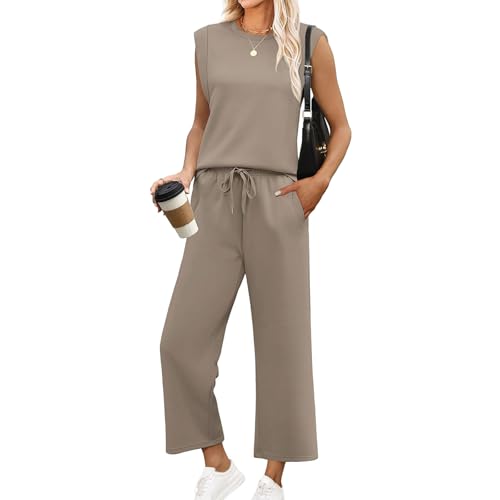 Baenxo Damen ärmelloses Oberteil und Hose mit weitem Bein 2-Teiliges Set,Frauen Casual Sleeveless Top Wide Leg Crop Pants Zweiteilige Sets