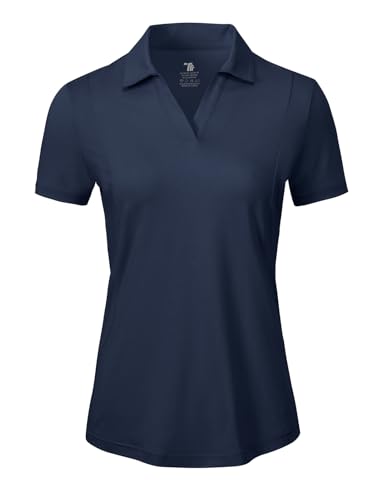 donhobo Damen Poloshirt UPF 50+ Kurzarm Golf Tennis Polo Shirts V-Ausschnitt Tops UV Schutz Schnelltrocknend Sportshirt Casual Sommer T-Shirts, Marine, XS