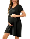 Demegimi Stillnachthemd Damen Geburt Baumwolle Geburtskleid V-Ausschnitt Stillen Nachthemd mit Knopfleiste Geburtshemd Spitze Nachtwäsche für Schwangere