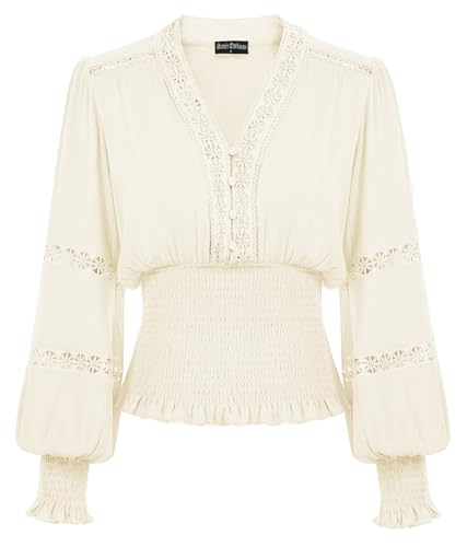 SCARLET DARKNESS 2024 Frühling Sommer Mittelalter Trachtenbluse Gesmokt Taille Hollow Out Carmenbluse Creme M