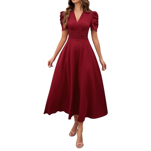 Kleider Damen Lang Sommer Elegant A Linie Abendkleider Puffärmel Sommerkleid V Ausschnitt Kleid Tailliert Leicht Damenkleider Maxi Sommerkleider Frauen Luftig Abschlusskleid Empire Ballkleid