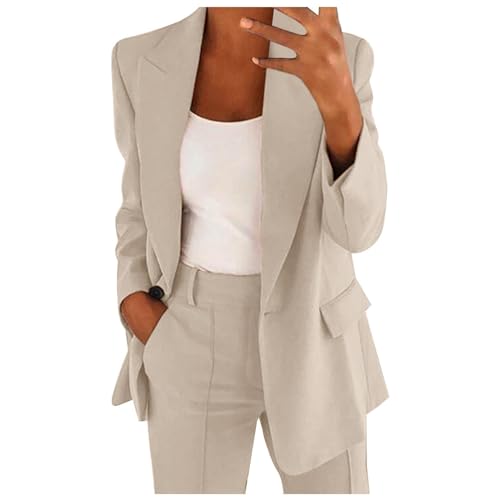 Generisch 2025 - Eleganter einfarbiger Damenanzug mit Langen Ärmeln, Strickjacke, Taschen, Oberteil, elastisches Hosenanzug-Set mit geradem Bein Sportsachen Kinder Jungen (Beige, XXXXL)