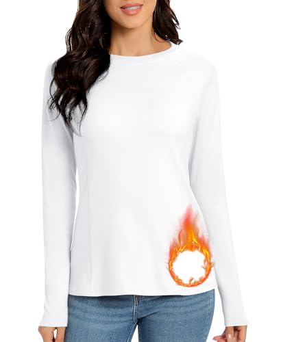 Jiuday Thermoshirt Damen Langarm Winter Thermo Oberteil Fleece Thermo Langarm Shirt Funktionsshirt Thermo Unterhemd mit Rundhalsausschnitt für Haus Sport Skifahren (Weiß,M)