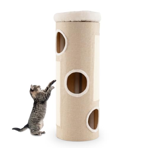 SOARS Kratztonne, Katzentonne mit 3 Katzenhöhlen, 2 Sisal Kratzbretter, abnehmbarem Plüschbett, Kratzbaum Katzenturm Spieltonne für Katzen, Höhe 113 cm