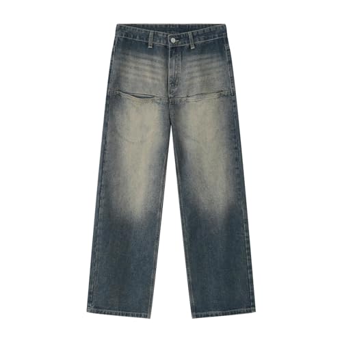 CABULE Herren-Jeans im Frühjahr, neu, ausgewaschen, Vintage-Stil, hohe Taille, Vordertasche, locker, gerade – Blau – XL