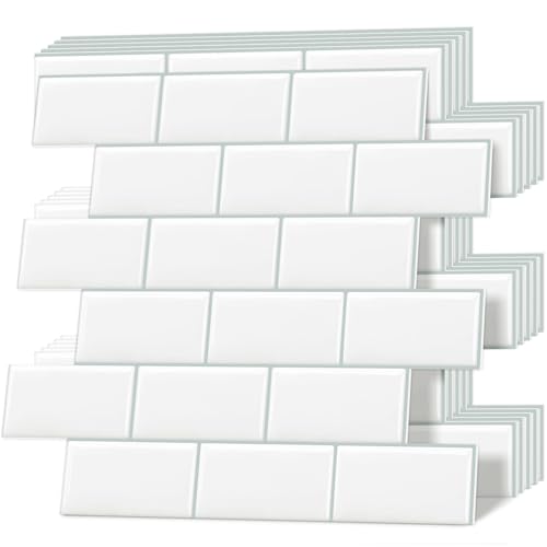 Tiwoos Dickere 3d Klebefliesen Fliesen, Weiß Metro Fliesen Küchenrückwand Wandfliesen Selbstklebend,10-Stück (30,5 x 30,5 cm)