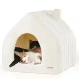 FUKUMARU Katzenbett große Katzen Katzenhöhle-43x43x45cm,Katzenhaus Indoor Mit abnehmbarem Katzenkissen,Haus Modellierung Stil, Katzen Bettchen waschbar, Weiß