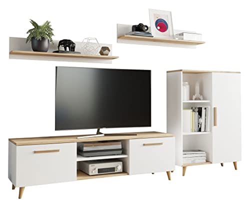 MATKAM Wohnzimmermöbel-Set Oslo, 4-teilig, 1 x TV-Kommode H47x B150 x T40 cm, 1 x Wohnzimmerkommode H112 x B80 x T30cm, 2 x Hängeregale H20 x B100 x T20 cm (Weiß-Artisan Eiche)
