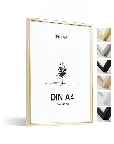 Heimlich® 1x Bilderrahmen DIN A4 21x30 cm Gold Metall Rahmen 1-Pack | Dokumentenrahmen 21x29,7 cm Klein Collage | Metallrahmen Alu-Bilderrahmen Aluminium | Picture Frame A4 Fotorahmen