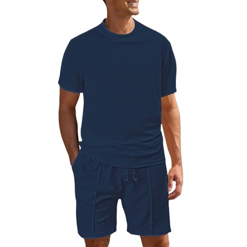 Duohropke Kurz Shirt und Short Herren Mode Waffel Freizeitanzug Einfarbig Basic Bequem Set Sommer Gerippt Leichte T Shirt und Short mit Kordelzug