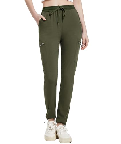 Holure Damen Leichter Trekkinghose Wanderhose Schnelltrocken Wasserdicht Atmungsaktive Outdoorhose Winddicht Jogginghose für Sportlich Freizeit Reise Dunkelgrün-XL