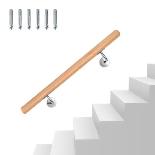 Eikuavons Handlauf Buche Holz, 80cm Geländer Wandhandlauf Wand Treppe mit Wandhalterung und Endkappen, Rutschfester Holzhandlauf Treppengeländer für Treppen Balkon, Runder 42 mm Ø