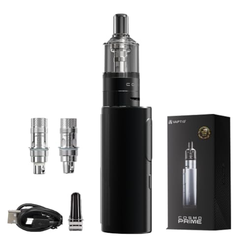 Original VAPTIO Cosmo Prime Kit Elektronische Zigarette 2400 mAh 40W Power Starter Kit, Vape Pen mit 2 Stück Cosmo Coil 0,4 Ohm (C8)/1,0 Ohm (C5),kein Liquid kein Nikotin (Schwarz)