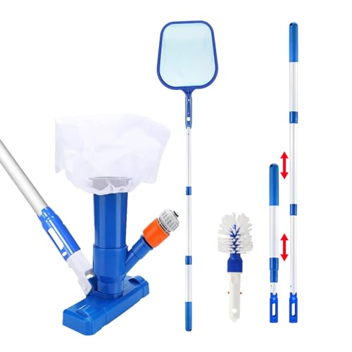 Pool Reinigungsset, Pool Staubsauger Tragbarer Jet Vacuum Head Pool Maintenance Kit mit Verstellbarer Teleskopstange, Scheuerbürste und Skimmernetz für Schwimmbadreinigung Blätter Schmutz Sand Schlamm