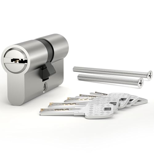 AwmnSrman Schließzylinder 30/30,Zylinderschloss mit 5 Schlüsseln, Schließzylinder Beidseitig Schließbar, Euro Messingzylinder Satin Nickel Finish Querlöcher