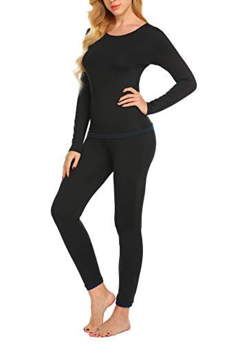 Ekouaer Damen Thermo Unterwäsche Set Langarm Innenfleece Thermounterwäsche Rundhals Warm Funktionsunterwäsche Schwarz L