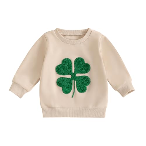 Caziffer Baby Irish Day Sweatshirt Casual Kleeblatt Stickerei Vierblättriges Kleeblatt Langarm St. Patrick's Day Hoodie für Neugeborene Kleinkind Mädchen Jungen Süße Kleidung, beige, 2-3 Years