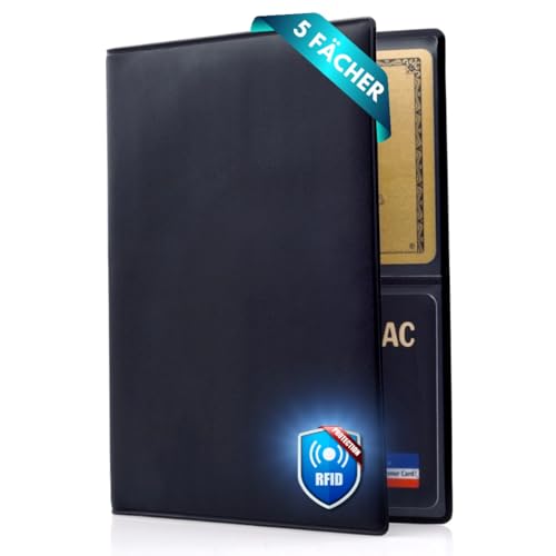 Festland DESIGN® Fahrzeugschein Hülle Ausweishülle mit RFID-Schutz Kartenhülle für Zulassungsschein Führerschein Autozubehör Ultra Slim Mappe Kartenetui Kfz Schein 5 Fächer (Schwarz)