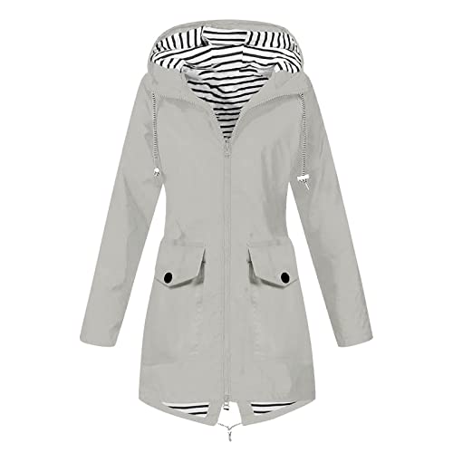Jacke Damen Lang Regenjacke Leichte Wasserdichte Softshell Outdoor Funktionsjacke mit Verstellbare Kordelzug-Taille Oversized Übergangsjacke Windjacke Atmungsaktive Regenparka mit Kapuze Regenmantel