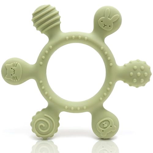 CAJA Beißring Baby Silikon BPA-frei | Zahnungshilfe & Baby Spielzeug | Sensorisches Zahnungsspielzeug für Babys | Leicht greifbar, sicher & ungiftig | Tiermotive & einfache Reinigung (bean green)