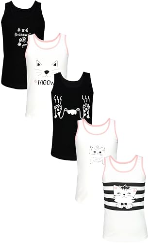 TupTam Unterhemden Mädchen Baumwoll Unterhemd 5er Pack Tank Top Ärmellos Kinder, Farbe: Katzen Creme Schwarz, Größe: 146-152