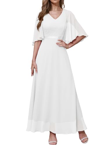 DRESSTELLS Abendkleid Damen Hochzeit Lang Festlich Chiffon Spitzenkleid Cape Ärmel Brautkleid Weiß Bodenlang Große Größen V-Ausschnitt Elegantes Partykleid White 2XL