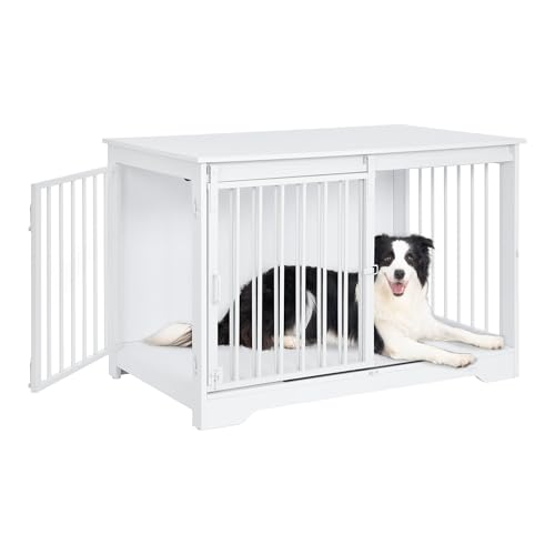 Hzuaneri Hundekäfig Möbel, 100cm Hundebox, 2 Türen, Moderne Hundekäfig Indoor für kleine/mittlere/große Hunde, Beistelltisch, Hundekäfig für Zuhause, 60 x 100 x 68 cm, Weiß DFC02313W