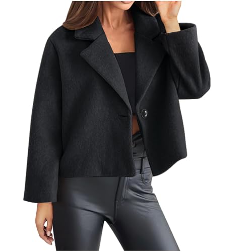 Kurz Wollmantel Damen Rever Knöpfen Mantel Einfarbig Blazer Jacke Trendiges Winterjacke Leichte Wolljacke Essentials Übergangsjacke Winter Freizeitjacke Windbreaker Aesthetic Outwear Strickjacke