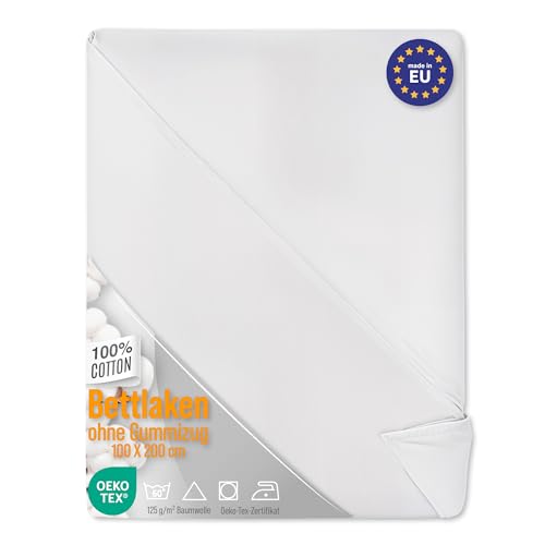 Bettlaken ohne Gummizug Baumwolle 2er Set: 100x200 cm - Bed Sheets Betttuch ohne Gummi und Laken Bedsheets Baumwollstoff weiß und Kochfest mit Oeko-Tex-Zertifikat
