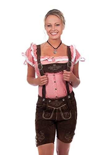 Kurze Damen Trachten Lederhose braun aus feinstem Rindsveloursleder , Dunkelbraun, 44