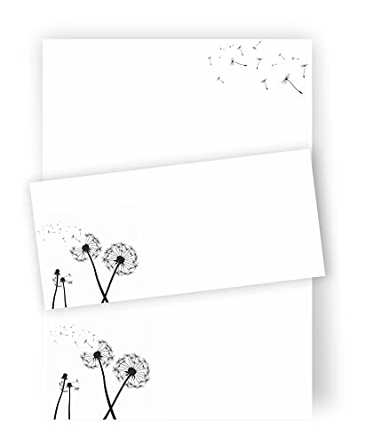 zartbesaitet.com Schöne Produkte aus Papier - Briefpapier Pusteblume DIN A4 - 20 Pusteblumen-Briefbogen A4 - 10 DIN Lang-Briefumschläge - Weiß, Klassisch