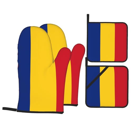 RRKDOY Ofenhandschuhe, Motiv Flagge von Rumänien, bedruckt, 4 Stück, für Küche, Backen, wasserdicht, hitzebeständig und langlebig