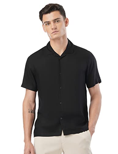 FYLTR Herrenhemd aus Rayon, einfarbig, mit Resortkragen und halblangen Ärmeln | Herrenhemden, Schwarze Schönheit, 48