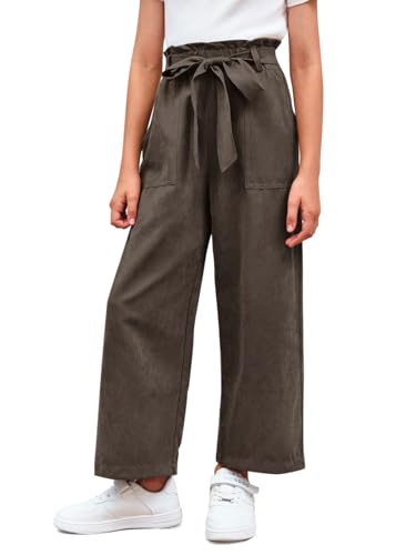 Haloumoning Mädchen Weite Hose Palazzo Hohe Taille Mode Bootcut Elastische Paperbag Freizeithose mit Gürtel, Kaffee, 12-14 Jahre