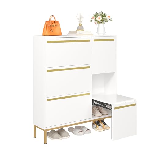 I0I&I0I Schuhschrank mit Sitzbank, klappbarem Schuhregal & offenem Stauraum – Hochwertige MDF-Konstruktion – Platz für 15–22 Paar Schuhe –Ideal für Flur & Schlafzimmer (Weiß und Gold)