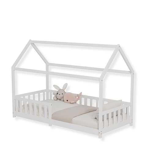 ecomi® Kinderbett Hausbett mit Rausfallschutz und Lattenrost, Hausbett - Kinderbett 90x200 / 80x160 in Weiß/Natur für Kinder - Kinderbett Hausbett 90x200 / 80x160 Weiß/Natur (Weiß, 90x200)