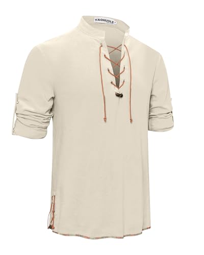 YAOHUOLE Mittelalter Hemd Herren Renaissance Kleidung Gothic Hemden Wikinger Kleidung Khaki L