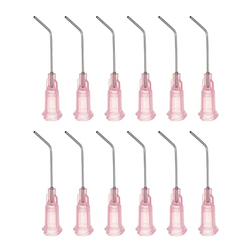 sourcing map 12Stk Stumpfe Spitz Dosiernadeln 20 Gauge 45° Gekrümmt Dosiertipps 1" Ende Gewinkelt Spendernadel mit Luer Ellbogen Stumpfe Nadel für Öl oder Kleber Applikator Rosa