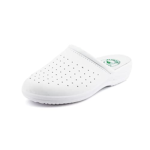 JOMIX Gesundheitsschuhe Herren Clogs Pantoletten Berufsschuhe Bequeme Sanitär-Clogs Medizinische Gartenschuhe Kochschuhe Herren Weiß Leder Fußbett (02 Weiß, 43 EU)