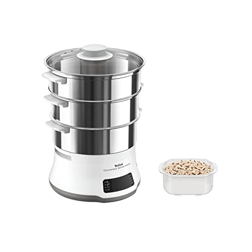 Tefal Convenient Series Deluxe Dampfgarer, einfacher Touchscreen, 8 Programme, Garen auf 3 Ebenen, Behälter aus Edelstahl, langlebige Qualität, gesunde Zubereitung, Edelstahl/weiß, VC502D