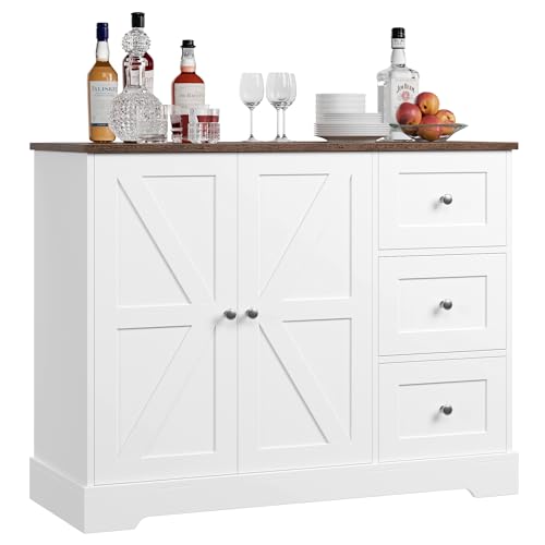 HOCSOK Sideboard, Küchenschrank mit 3 Schubladen und 2 Türen, Buffetschrank mit Arbeitsplatten für Küche, Esszimmer, Wohnzimmer, Weiß & Braun