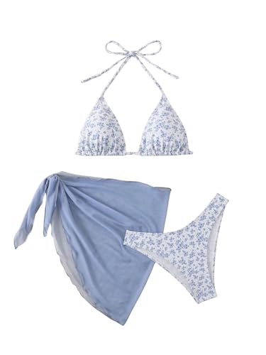 GORGLITTER Damen Bikini Set 3 Teiliger Bikini-Sets mit Blumenmuster Süß Neckholder Badeanzug mit Cover Up Rock Swimsuit Set Blau M