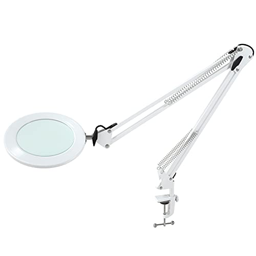 Beyamz Lupenleuchte Lupenlampe / 105 mm 5-Dioptrien-Echtglas / 3 Farbmodi / 10-stufig Dimmbar / 750 LM Leuchten mit 72 LEDs / 90cm Arbeitsradius/USB-Anschluss (Weiß)