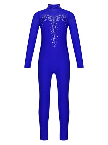 Jowowha Mädchen Eiskunstlauf Body Langarm Ballettanzug Tanzbody mit Strass Kinder Turnanzug Gymnastik Leotard Eiskunstlauf Tanzkostüm G Royal Blau 134-140