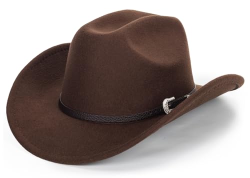 HilyBony Western-Cowboyhut für Damen und Herren, klassischer Fedora-Hut mit breiter Krempe und Schnallengürtel, Kaffee mit Gürtel, L