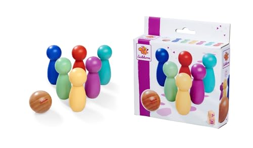 Eichhorn – Games – Bowling Spiel mit 6 Pins und Einer Holzkugel, buntes Tisch Bowling, 7 teilig, aus Birkenholz, ab 3 Jahren