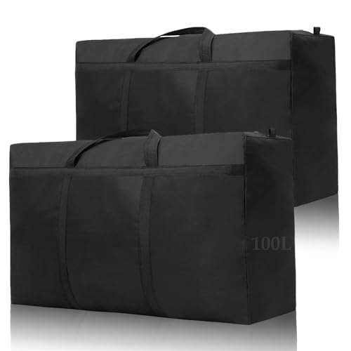 Kongming 2 Stück Aufbewahrungstasche für Bettdecken Wasserdichte Tasche 100L Oxford Schwarz Umzugstaschen mit Reißverschluss Handgriff für Kissen Kleidung Bettwäsche Aufbewahrung Umzug